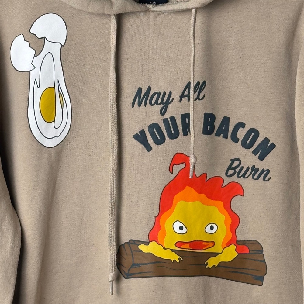 Studio Ghibli Howls Moving Castle Hoodie Mens SM Tan Calcifer Bacon Burn Graphic - Picture 2 of 7